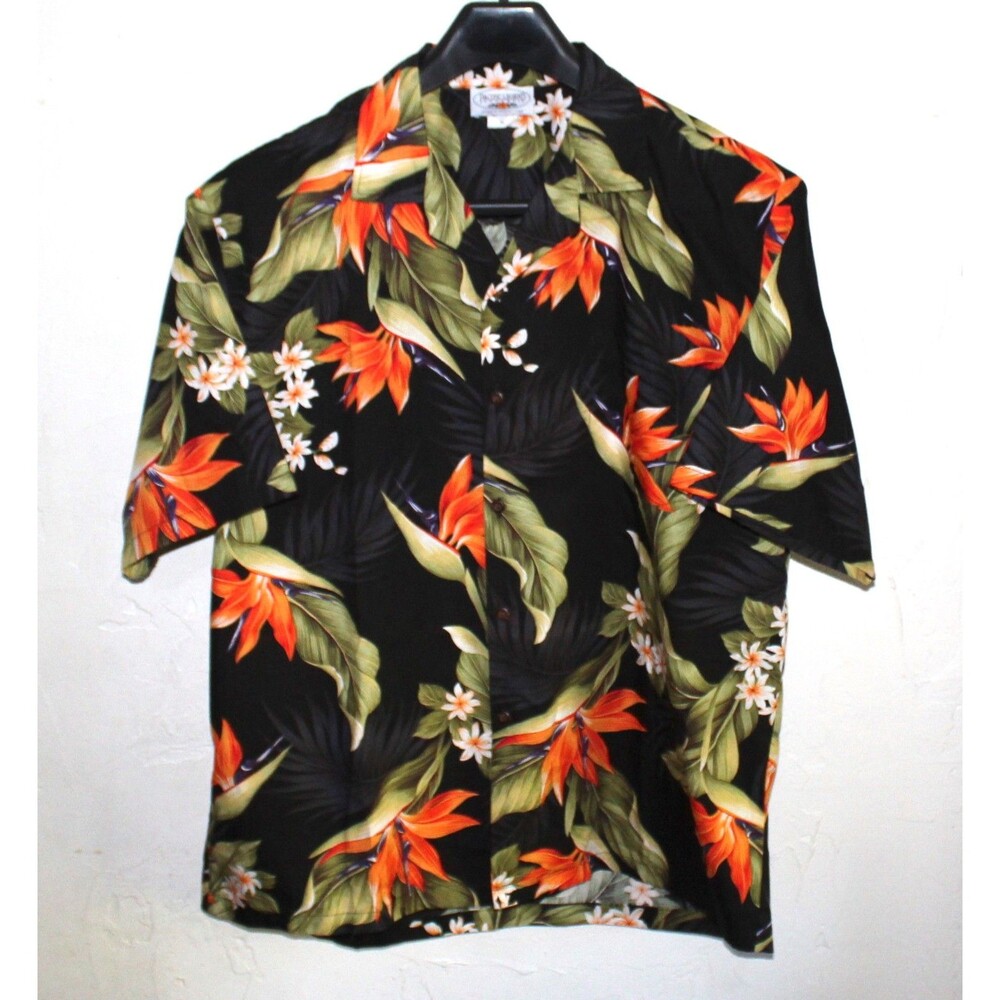 Pacific Legend Hawaiian Shirt XL men black Bird of Paradise Flower button down